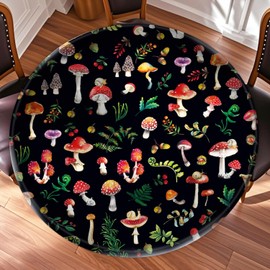 Ritgssi 44 Inch Black Round Table Protector for Kitchen,Mushroom Table Cloth Round Cover with Elastic Edge，Waterproof Picnic Circle Tablecloth for Dinner, Outdoor, Party, Camping, BBQ