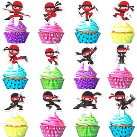 24pcs Ninja Cupcake Topper Set Warrior Themed Karate Happy Birthday - Kung Fu Ninja Shuriken Theme Samurai, Karate Theme Party Kids Boys and Girls Birthday Party, Baby Shower Party Decoration-LIANGSS