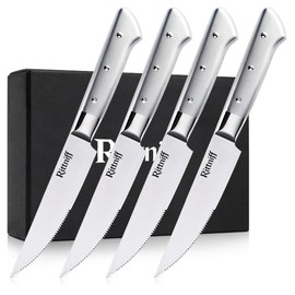 Steak Knives Set of 4, 5-Inch Serrated Stainless Steel Dinner Knives with Wide 304 Stainless Steel Handles, Gift Box Included, Silver