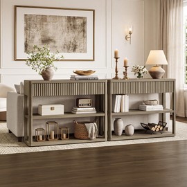 SICOTAS Fluted Entryway Table with Storage, 44.13" W Console Table with 2 Drawers & 2 Tier Storage Shelves, Modern Sofa Table Behind The Couch for Living Room, Entrance, Hallway, Foyer, Grey Alder
