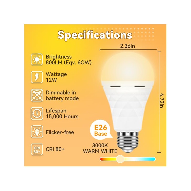 Neporal LITE PRO Rechargeable Light Bulbs, 2600mAh Large Battery Backup