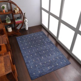 Hand Knotted Loom Wool ECO-Friendly Area Rugs - 5'x8', Rectangle, Blue Color, Contemporary Modern Design, High Pile Thick Handmade Anti Skid Rugs for Living Room (L00501)