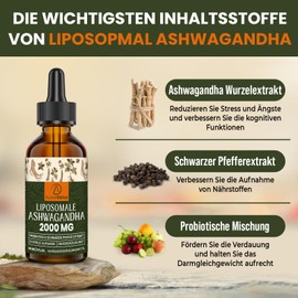 AureaSalus Liposomal Ashwagandha Drops 2000 mg, Pure Natural Ashwagandha Extract, Enrich Probiotics and Black Pepper Extract