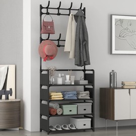 YDTREILS Hall Tree with Coat and Shoe Rack, Entryway Coat Rack with Bench Hooks and 4-Tier Shoe Rack,Black