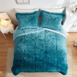 Wajade Plush Shaggy Ombre Teal Comforter Set, 3 Pieces Full/Queen Luxury Ultra Soft Faux Fur Bedding Set Fluffy Fuzzy Velvet Warm Comforter Set with Matching Shams