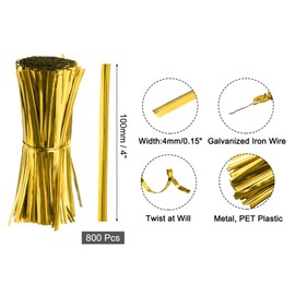 uxcell 4" Twist Ties, Metallic Twist Ties, Reusable Plastic Coated Twist Ties for Bakery, Candy Bags, Coffee Bags, Goodie Bags, Pack of 800, Gold