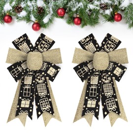 Estivaux 2 Pieces Christmas Bows for Wreath, Xmas Wreath Bows Shining Black Golden Burlap Bows Winter Holiday Craft Bows New Year Tree Topper Bows for Front Door Christmas Party Decorations