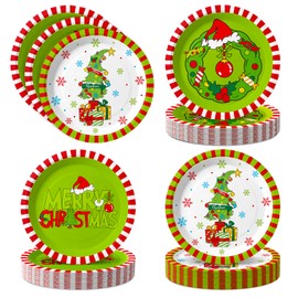 48 Pcs Christmas Elf Paper Plates 9 Inch Disposable Plates Red Green Funny Cartoon Party Tableware for Merry Xmas Holiday Table Decor Supplies