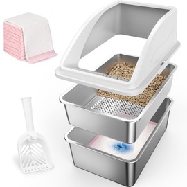 Stainless Steel Litter Box for Pine Pellet Cat Litter Non Clumping Litter System | XXL Sifting Cat Litter Box with Lid for Big Cats | High Sided, Anti-Urine Leakage | Non-Stick Bottom