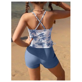 BEAUDRM Girl's 2 Piece Tankini Set Tropical Print Bathing Suits Hawaiian Swimsuits with Shorts Beachwear Tankini