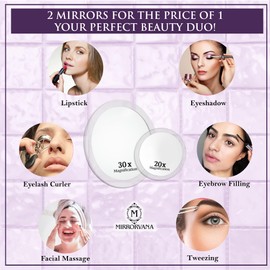 MIRRORVANA Magnifying Mirror Set 30x and 20x - Wall Mounted Makeup Mirror with Suction Cup, Small Magnifying Mirror for Bathroom, 15cm (30 X) and 10cm (20 X)