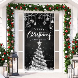 Christmas Door Cover Decorations Snowflake Merry Christmas Photography Background for Xmas New Year Party Decorations Supplies Winter Party Photo Booth Props (Black Silver)