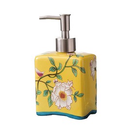 Bicuzat Ceramic Soap Dispenser, Lotion Bottle, Soap Bottle with Removable Pump, Flower Pattern Dispenser for Kitchen Soap, Bathroom Soap, Lotion and Essential Oil-Yellow-13 OZ