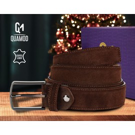 QUAMOD Suede Belt for Men and Women, High-Quality Velour Leather Belt, Unisex, 3.5-4 cm (35-40 mm) Wide, Suede Belt with Gift Box, Environmentally Friendly and Fair Production, 35 mm brown