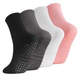 4 Pairs Pilates Socks Yoga Socks Women Non-Slip Stopper Socks Non-Slip Grip Socks for Women Pilates, Yoga, Dance, Ballet, Trampoline, Fitness, 38-42, Black, white, grey, pink, 38 - 42