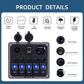 5 Gang Marine Boat Switch Panel with Dual USB Charger & Voltmeter, Waterproof Aluminum Rocker Switch Panel for Marine Automotive Truck RV Trailer with Lighter Socket Press Protector, 12/24V Black