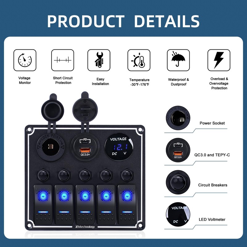 5 Gang Marine Boat Switch Panel with Dual USB Charger