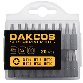 DAKCOS 20-Piece T10 Torx Bit Set, Premium S2 Alloy Steel 1-inch Long Screwdriver Insert Bits Hex Shank with Quick Release Slot