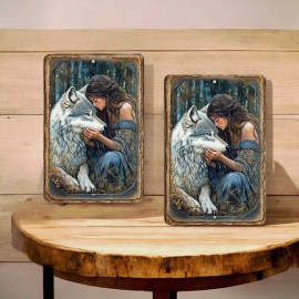 EGgifts Wolf and Woman Metal Wall Sign – 8x12 Fantasy Forest Decor Wall Art