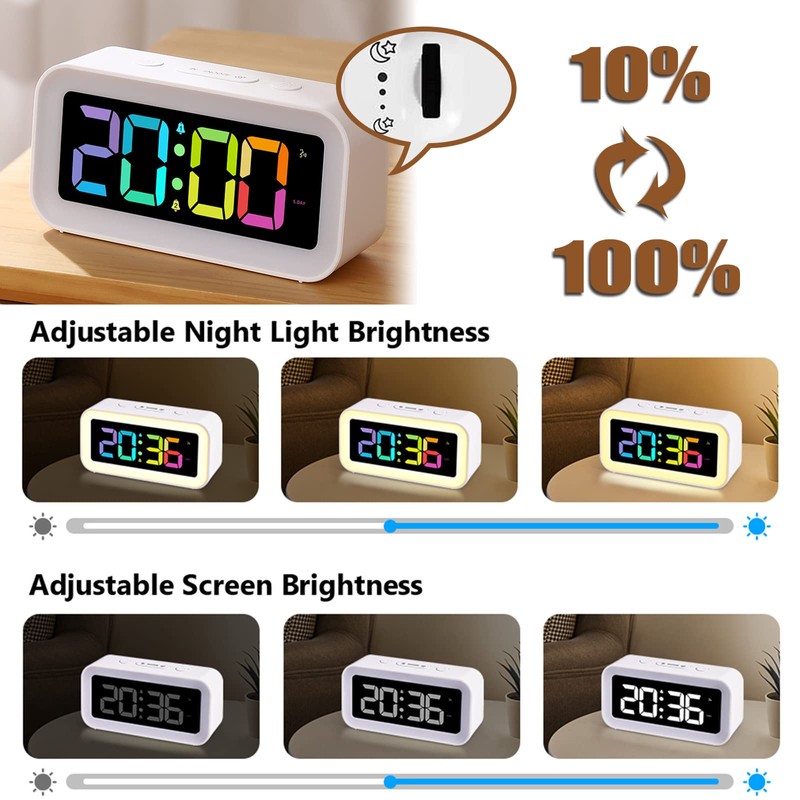 RGB Alarm Clock for Kids,Adjustable Brightness10%-100%,Dual Alarm, Sound Control, Bedside