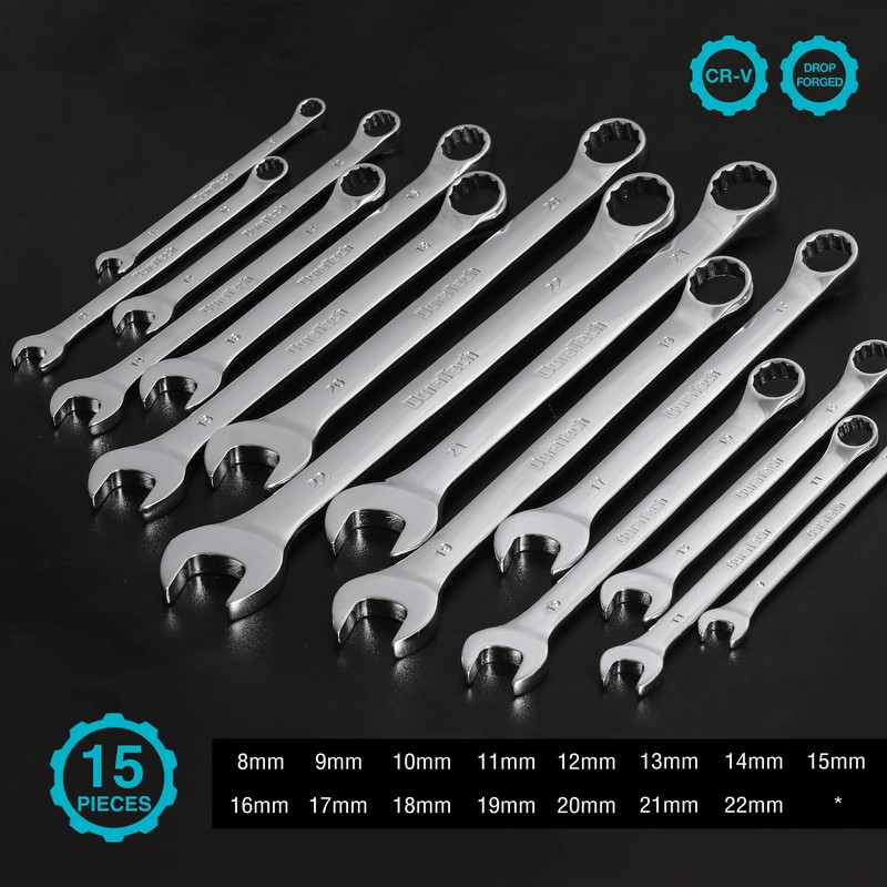 DURATECH Combination Wrench Set, Metric, 15-Piece, 8, 9, 10, 11,