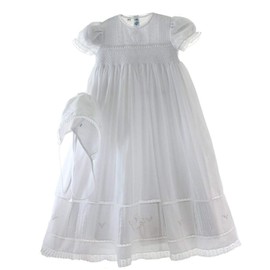 Feltman Brothers Girls White Smocked Christening Baptism Gown Bonnet Set with Pearls (6-9M)