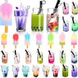 40 Pieces Resin Ice Cream Cup Charms Milk Tea Charms Colorful Boba Charms Glass Fruit Ice Lolly Sundae Mini Bottle Charms Pendants for DIY Jewelry Crafts Earring Necklace Hanging Keychain Bag Decor