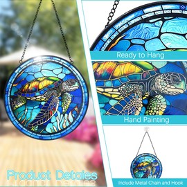 Turtle Stained Glass Suncatcher Beach Home Decor - Handcrafted Sea Turtle Sun Catcher for Windows Hangings with Hooks - Stain Glass House Garden Decor Hanging - Brithday Gifts for Women Grandma Gift