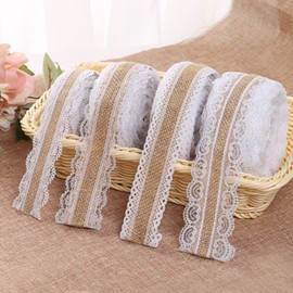 Seasboes 4 Rolls, 8 Metres Vintage Jute Ribbon, Lace Ribbon, Natural Jute Lace Ribbons, Canvas Ribbon for DIY Crafts, Decoration, Wedding, Party, Home Decor