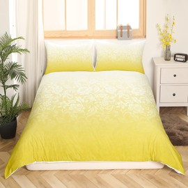 Feelyou Ombre Bedding Set Queen Size Kids Damask Pattern Comforter Cover Set for Boys Girls Teens Yellow Ombre Effects Duvet Cover Modern Bedspread Cover Abstract Art Design Quilt Cover