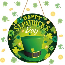 St. Patrick's Day Front Door Sign Happy St. Patrick's Day Wooden Hanging Welcome Sign Shamrock Hat Green Door Decor for Irish Home Farmhouse Wall Decor, 12 x 12 Inch