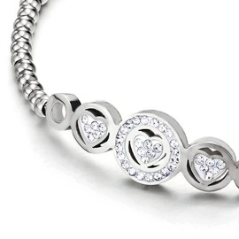 COOLSTEELANDBEYOND Stainless Steel Bead Bracelet with Cubic Zirconia Circle Heart Charm Adjustable, Stainless Steel, Cubic Zirconia