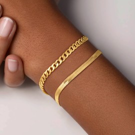 plucar Gold Bracelets for Women, 14K Gold Plated/Silver Womens Bracelets Dainty Layered Gold Cuban Link Chain Bracelets for Women Trendy Chunky Stackable Gold Bracelet Set Jewelry Gift