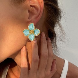Blue Flower Earrings Unique Spring Earrings for Women Big Petal Statement Flower Jewelry Gift (Aquamarine)
