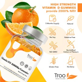 Vitamin D3 4000iu - 150 Natural Orange Flavour Chewable Gummies - Five Months Supply - Non GMO Tasty Gummy Supplement to Support Immune Function and Help Maintain Bones and Teeth