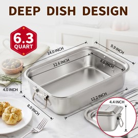 Extra Deep Stainless Steel Lasagna Pan with Loop Handles & Lid, 14 x 9.9 x 4 Inch, 6.3 QT Large Casserole Baking Dish, Oven Safe Heavy Duty Baking & Roasting Pan for Meal Prep & Storage