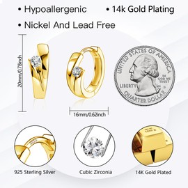 ALEXCRAFT Silver 925 Small Hoop Earrings, Hypoallergenic Silver Hoop Earrings, Thick Wide Small Cartilage Huggie Hoop Earrings, Small 16 mm Sterling Silver Hoop Earrings with Stone Zirconia Glitter