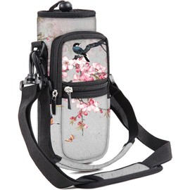 Mibbxea 40 oz Water Bottle Holder Carry Bag - Insulated Bottle Bag with Strap, Water Bottle Holder for Fitness, Camping, Walks, Cycling, Hiking, Outdoor Activities (Grey, Pink Flowers & Bird)
