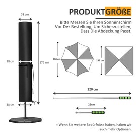 Aipwerer Parasol Protective Cover, Cover for 3 m Waterproof, Cantilever Parasol Cover with Pole, Winterproof, 420D Oxford Cover for Cantilever Parasol/Garden Umbrella/Balcony Umbrella (Black, 176 x 38