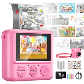 Kids Camera Instant Print,Pink Instant Digital Camera,32G 1080P Vedio Selfie Camera with 3 Print Paper Pencils Stickers & Strap,Toddler Camera Toys Birthday for Kids Age 3-12