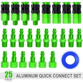 FYPower 25 Pieces 1/4" NPT Aluminum Air Coupler and Plug Kit, Quick Connect Air Fittings, Industrial Quick Connector Set (Green)