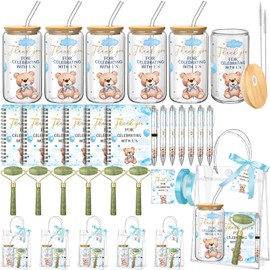 Reallnaive 6 Set Bear Baby Shower Game Prizes for Player Winners Tumblers with Lids Straws Roller for Face Pens Spiral Notebooks Gift Bags for Baby Bridal Shower Wedding Game Favors