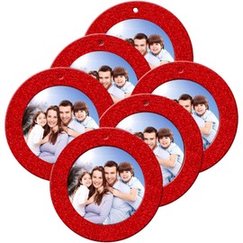 12 Pieces Red Magnetic Glitter Christmas Photo Frame Ornaments Mini Round Holiday Picture Frame with Hemp Rope for Holiday Christmas Picture Frame Tree Decoration
