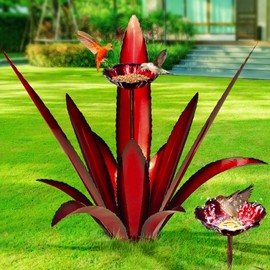 FLYVOLE Large Metal Agave Yard Art, Tequila Rustic Sculpture, Hand Painted Metal Agave Plants with Bird Feeder, Garden Sculpture Statue Outdoor Decor (Red)