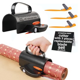 Wrapping Paper Cutter with 3 Replaceable Blades | Gift Wrap Cutter with Handle and Wheels | Birthday and Christmas Wrapping Paper Cutter Slider for Any Roll Size (Black)