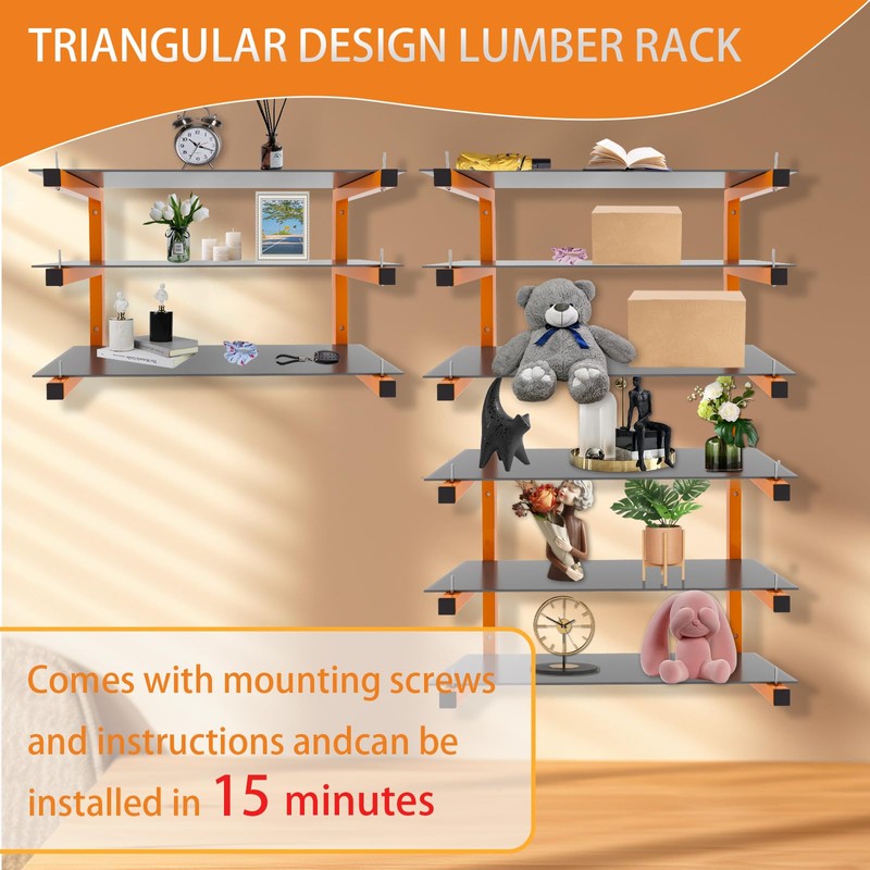 6 Pack Wall-Mounted Lumber Rack, Heavy Duty Wood Storage Racks,