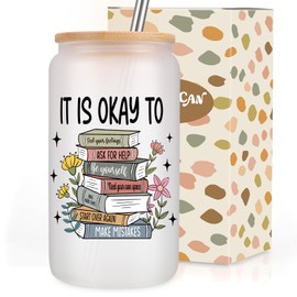 Coolife It's OK Positive Iced Coffee Glass Cup Tumbler w/Lid Straw, Mental Health Gifts, Emotional Support Inspirational Motivational Self Love, Book Affirmations for Psychologist Therapist Counselor
