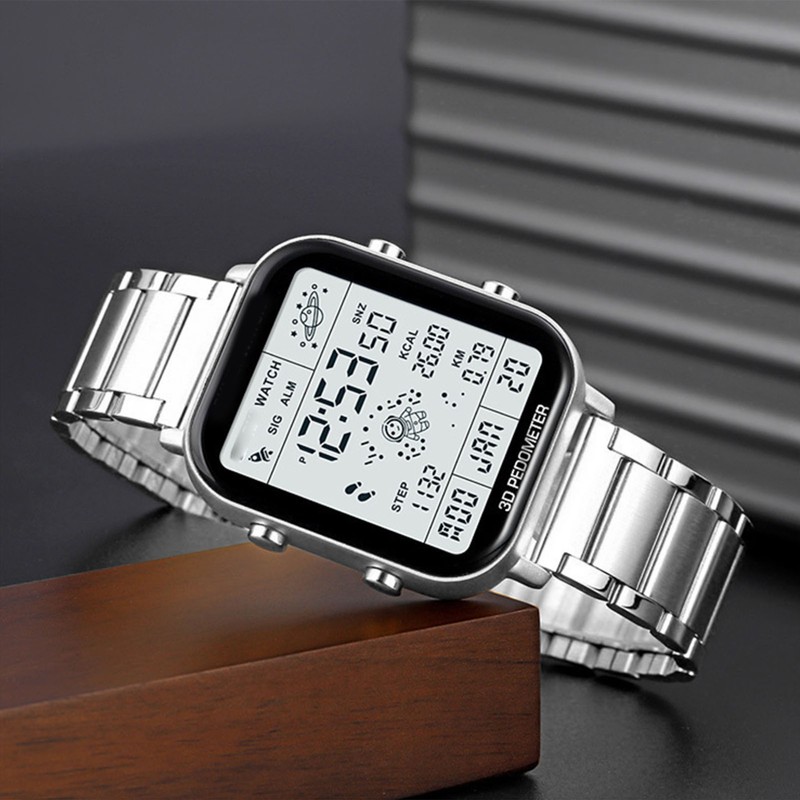Men Led Digital Watch Creative Square Waterproof Backlight Pedometer Sports