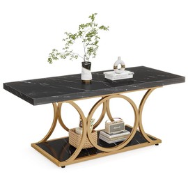 Tribesigns 47.24" Modern Coffee Table with Geometric Metal Legs and Spacious Shelves, Ideal Living Room Furniture, White & Gold / Black & Gold - Color: Black & Gold