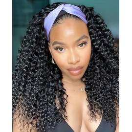Human Hair Wig Deep Wave 16 Inch Headband Wig Curly Hair Wig Machine Made Wig Non Lace Front for Women Perruque Femme Humain Naturel Natural Color